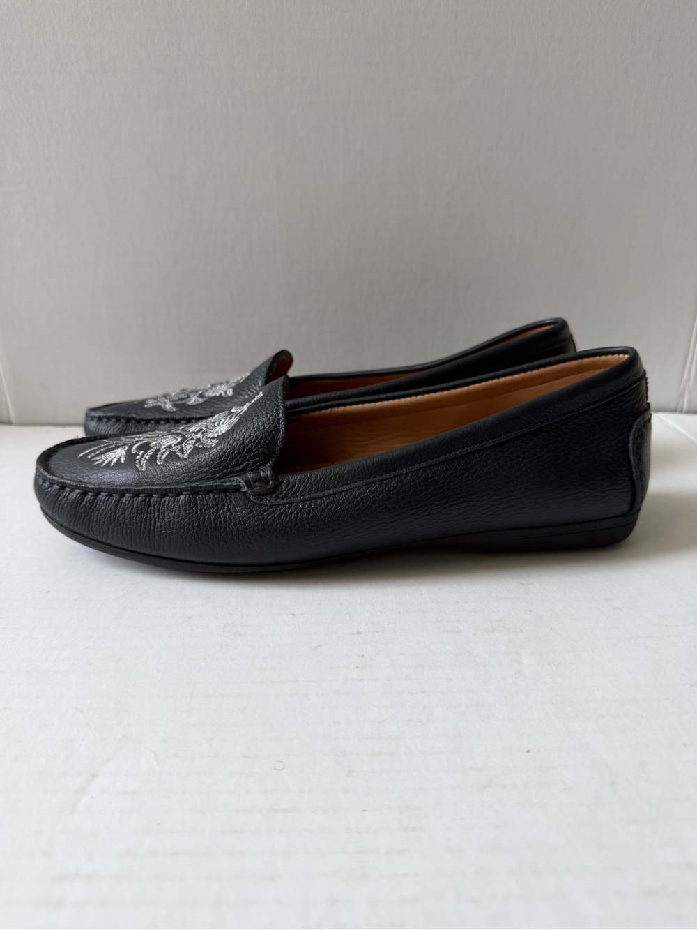Driver Club USA Black Leather Loafers with Silver Embroidery